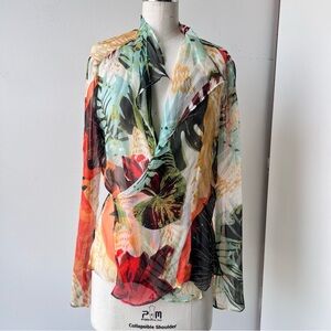 French blouse 💯 silk wrap tie tropical blouse M